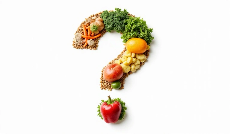 Stylized question mark icon with healthy food elements
