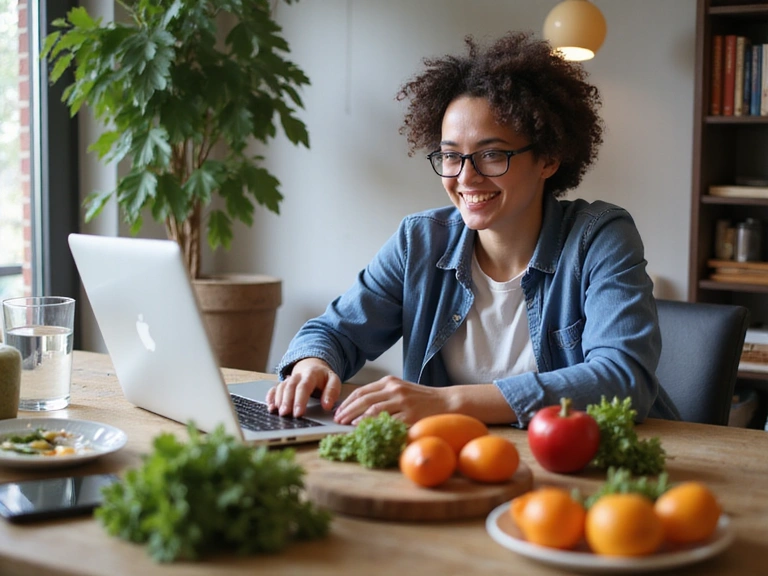 Person using a laptop for a video call, with healthy food items on the desk, symbolizing online consultation